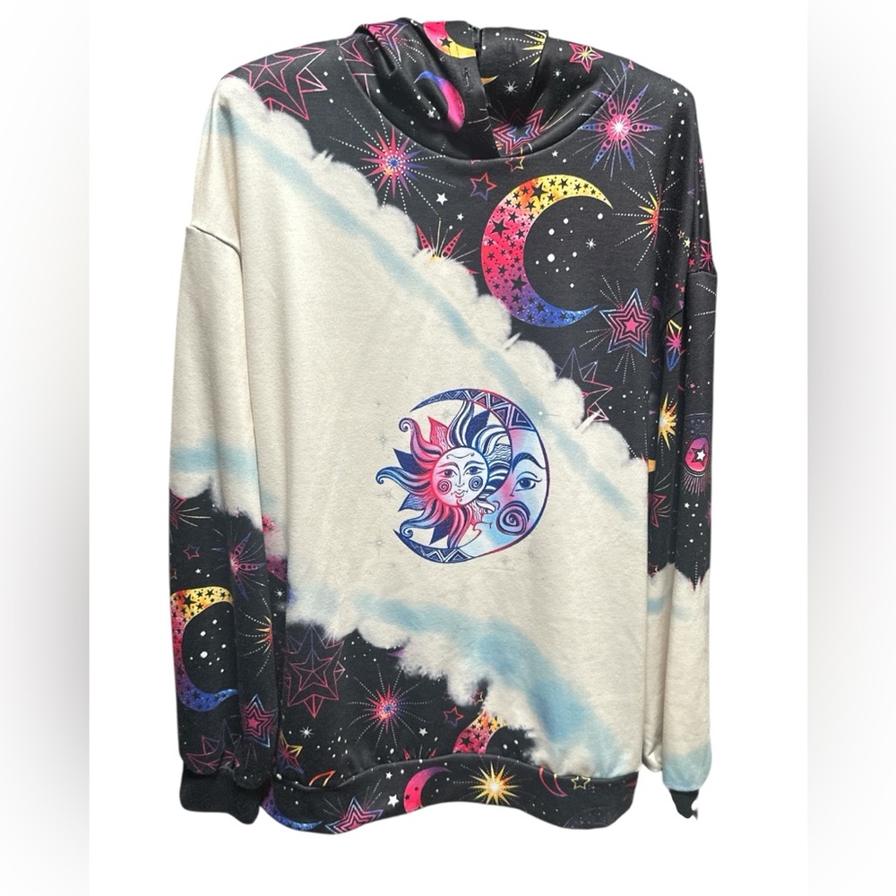 Celestial Sun Moon Stars Galaxy Print Hoodie Black White‎ Pullover Large